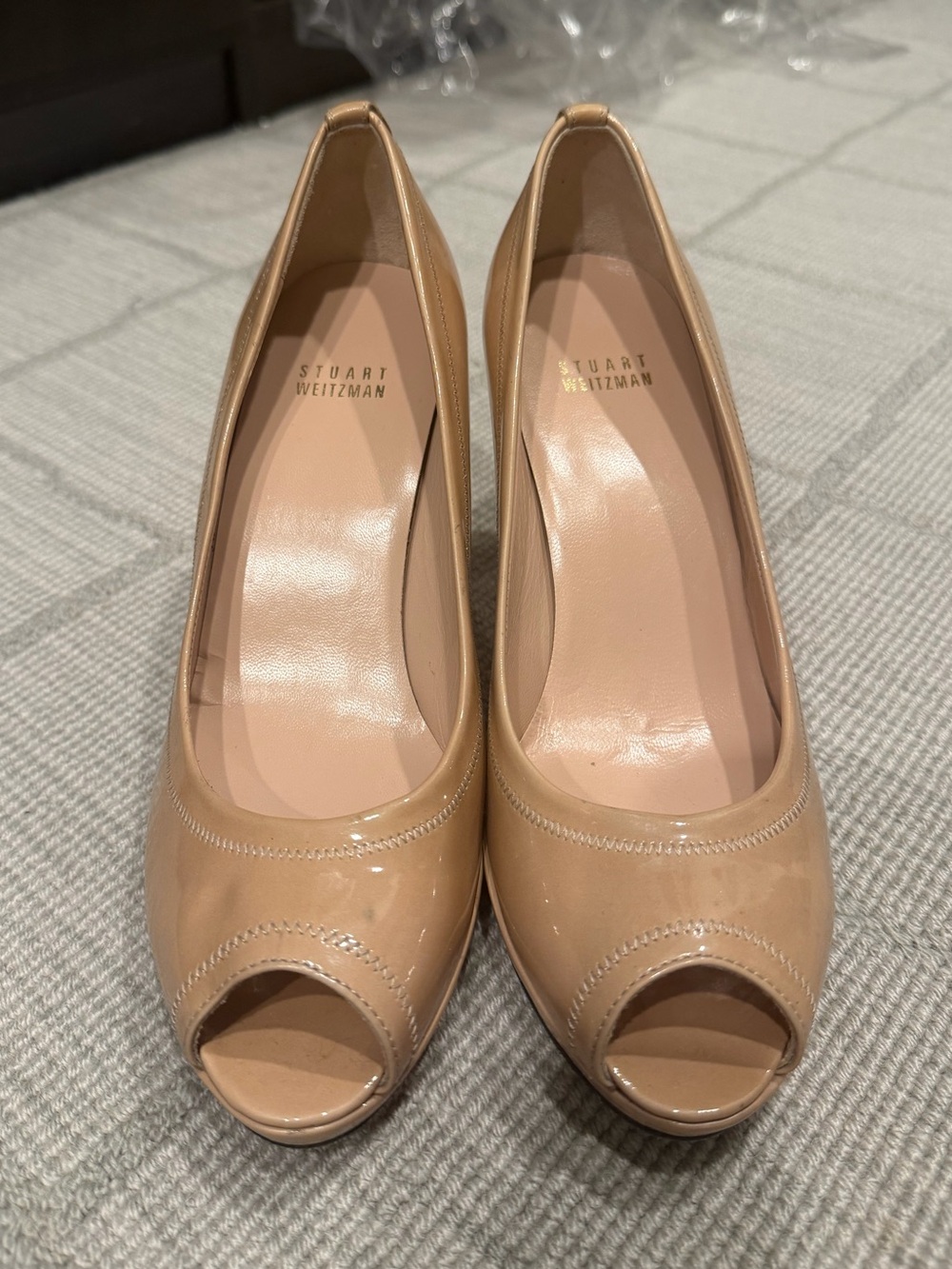 Stuart Weitzman Beige Patent Peep-Toe Pumps